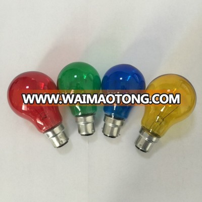 A55/A60 25W/40W/60W/100W E27/B22 red/green/yellow/blue colored glass traditional incandescent light bulb